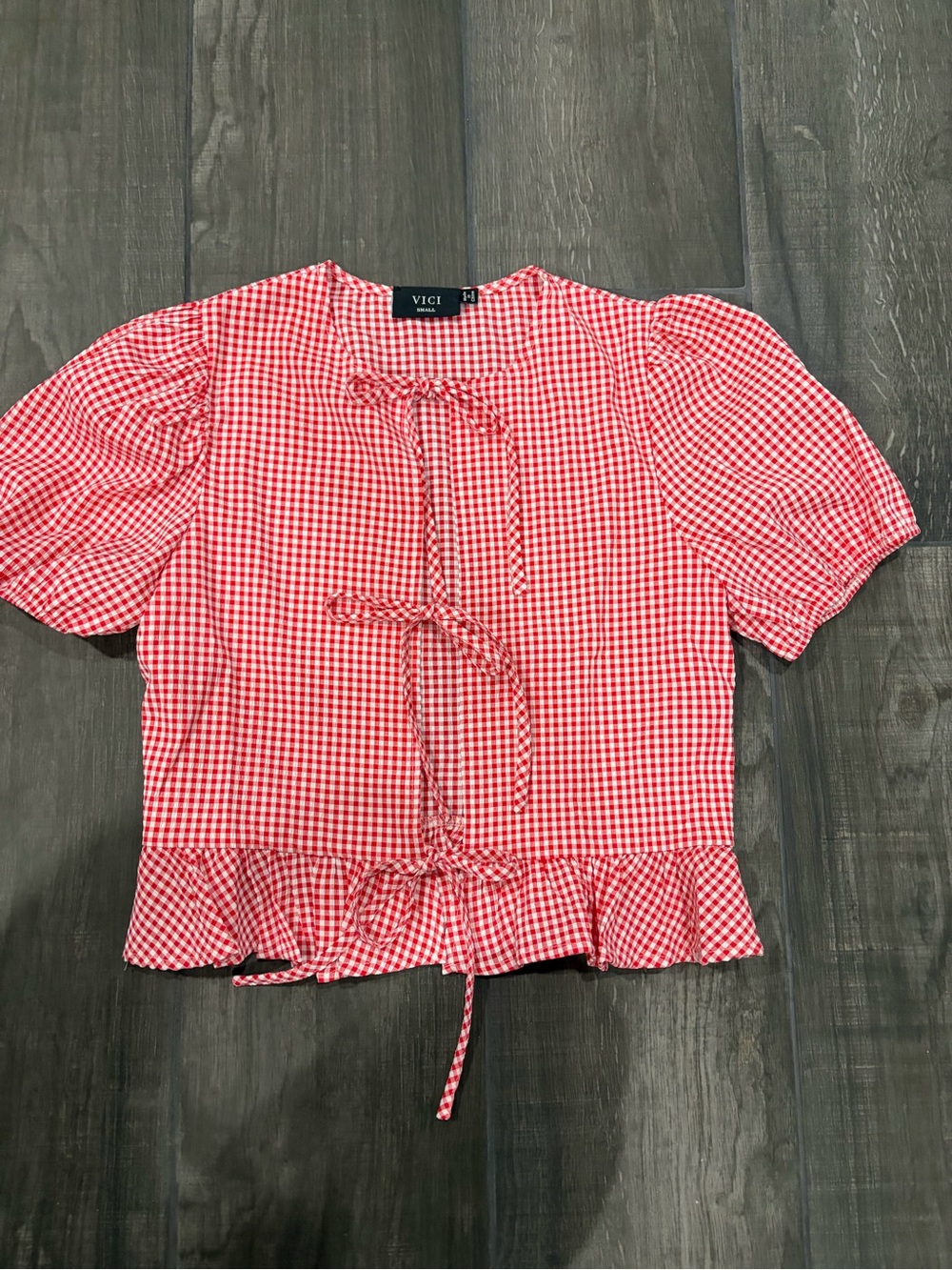 VICI Red Gingham Tie-Front Peplum Blouse- NEW